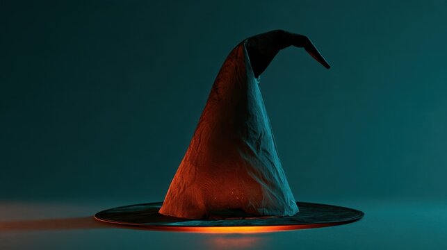 Dark spooky witch hat with bent tip glowing orange light on black brim against moody blue background