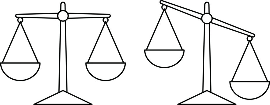 Law scales justice balance comparison line icons set displaying equal and unequal weights on white background