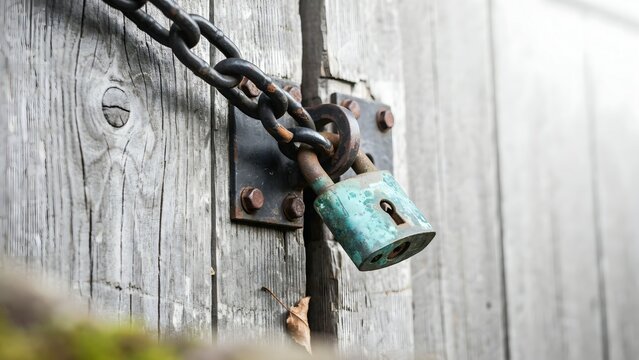 Close-up of weathered padlock secured to wooden barn door with rusted chain