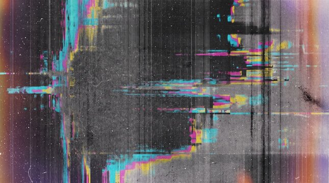 Cyberpunk glitch screen background with bright cyan and magenta neon distortion, digital signal noise, horizontal CRT scanlines, dark grungy film noise, and futuristic corrupted data texture.