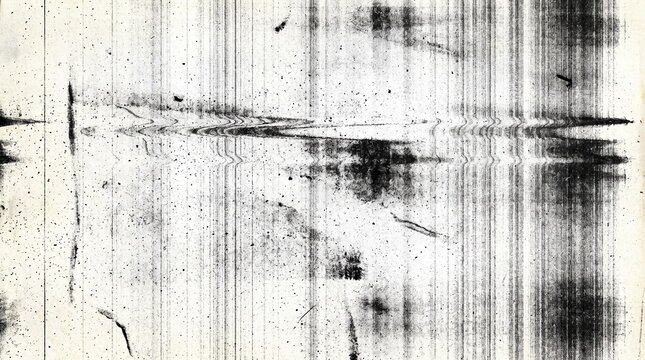 Grungy black and white photocopy texture with heavy vertical scan lines central distortion noise particles damaged paper print artifact and vintage dirty background for abstract overlay design