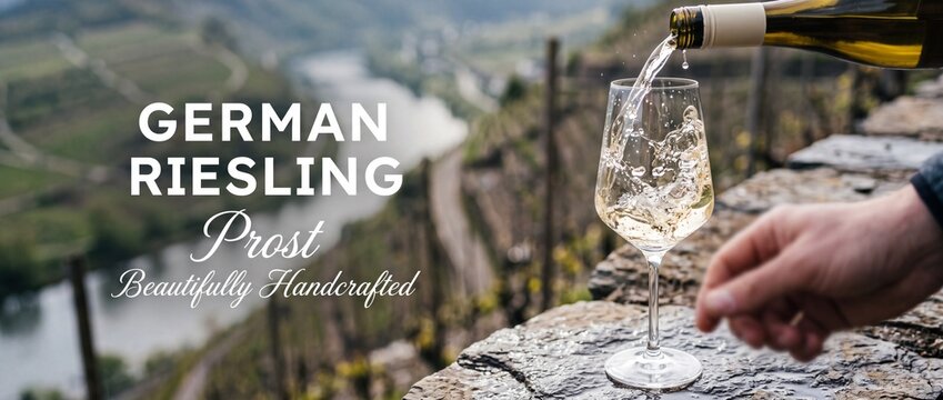 Pouring white wine glass vineyard outdoors on stone terrace in Mosel Germany river valley, chilled German Riesling tasting experience, luxury viticulture winery estate view, summer travel concept.