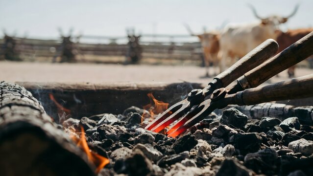 Traditional blacksmithing tools heating metal in outdoor forge with cattle in background