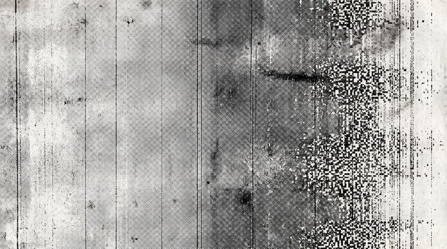 Monochrome halftone dot print texture with digital glitch noise distressed paper background raster grid effect dark vintage scan lines and abstract graphic artifact for creative design overlay