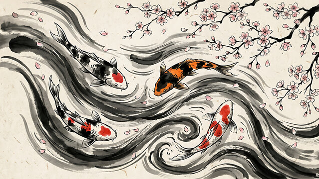 Traditional sumi-e style koi fish swimming under cherry blossoms