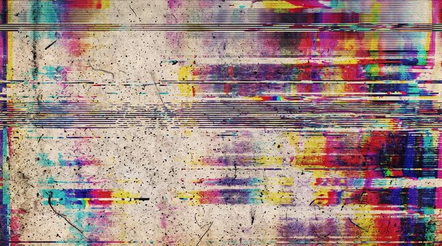 Abstract colorful glitch screen background with vibrant RGB digital distortion horizontal scanlines CRT TV noise modern cyber punk energy retro photocopy distress pattern for design project