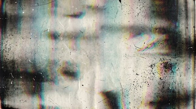 Photocopy texture with dark glitch distortion, rainbow spectrum gradient, heavy scanlines and scratched paper effect for cyberpunk posters, edgy music artwork and moody album covers