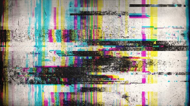 Vibrant color RGB digital glitch screen noise texture background with heavy analog VHS signal error screen distortion overlay effect for retro creative poster banner design wallpaper backdrop