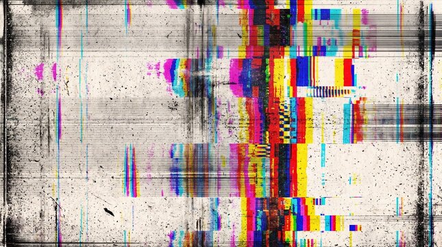 Bright digital glitch screen overlay featuring colorful signal error distortion, retro CRT monitor scanlines, bad display noise effect, VHS video glitch, and Cyberpunk abstract background.
