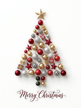 Christmas tree made of ornaments and gifts isolated on white background