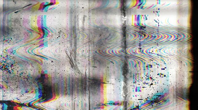 Glitch screen texture with vibrant wave distortion, colorful RGB signal error lines, vintage VHS scanline background, abstract digital noise overlay for synthwave album cover design.