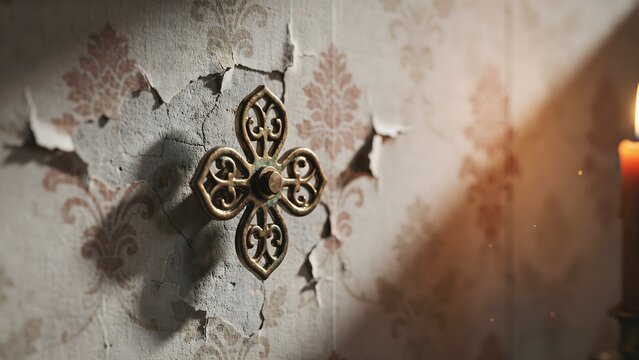 Vintage metal cross hook on peeling wallpaper wall with candlelight ambiance