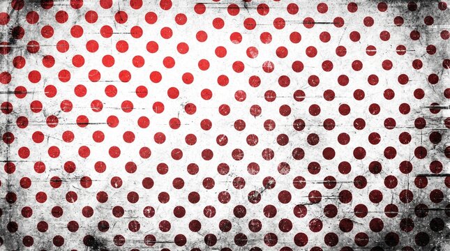 Vintage red polka dot photocopy texture with halftone pattern overlay, distressed paper surface, retro dirty noise background, dark vignette frame, and old print graphic design element.