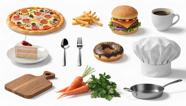 3D Food and Kitchenware Set with Pizza Burger Fries Coffee Pastry and Cooking Utensils Isolated on White Background