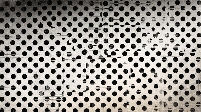 Photocopy texture with monochrome halftone polka dot pattern, digital glitch offset lines, high contrast grunge background for cyber art, techno posters, retro album artwork, banners