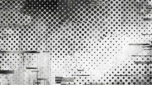 Black and white halftone photocopy texture featuring halftone dot matrix background, digital glitch screen effect, retro print noise overlay, distressed dirty paper, and poster design.