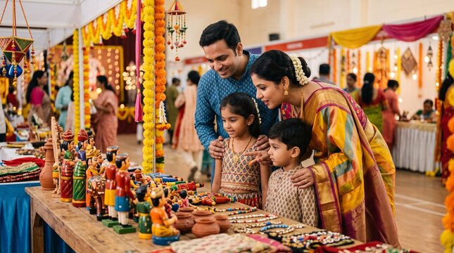 Photorealistic commercial stock photography of a young Indian family parents and two children visiting a Dussehra cultural exhibition