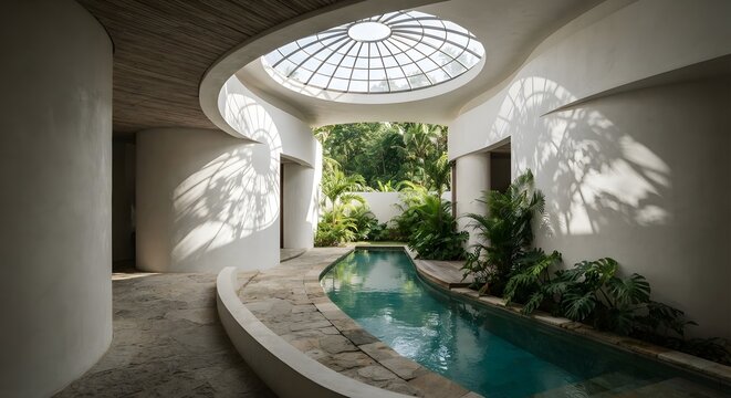 Futuristic interior corridor with glass dome skylight and indoor pool
