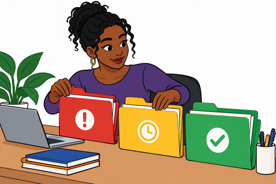 Woman organizing colored folders with urgency, clock and checkmark icons at desk with laptop. Work and study schedule planning. Productivity, goal setting and time management concept.