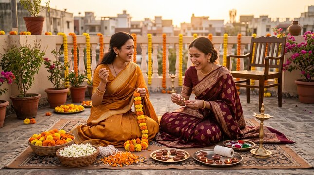 Photorealistic lifestyle photography of two young Indian women wearing elegant traditional sarees, preparing festive decorations for Dussehra on a spacious terrace