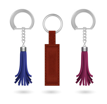 Colorful tassel keychains and leather key fob transparent background