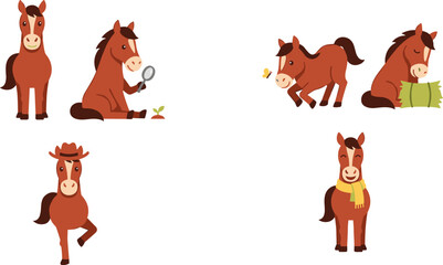 Obraz premium Cute Little Brown Horse Vector Character Icon Set featuring Activities like Holding a Magnifying Glass Wearing a Cowboy Hat and Chasing Butterfly