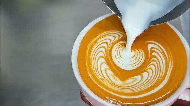 Barista Pouring Milk to Create Intricate Tulip Latte Art in Pink Cup   