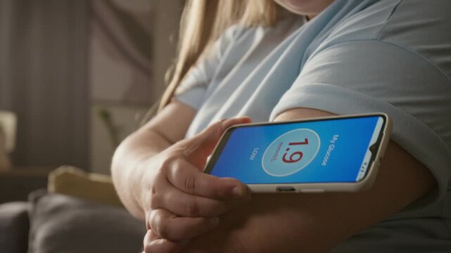 Caucasian young girl scanning continuous glucose monitor sensor on arm with smartphone app indoors. Visual serves diabetes management ads and digital health technology campaigns
