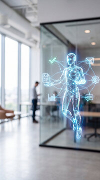 Glowing 3D Agentic AI Icon Orchestrating Workflow Tasks on Blurred White Office Background with Copy Space, Business Automation Concept