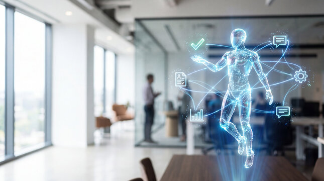 Glowing 3D Agentic AI Icon Orchestrating Workflow Tasks on Blurred White Office Background with Copy Space, Business Automation Concept