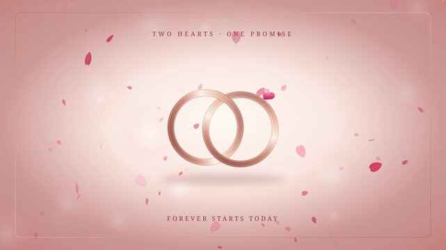 Rose gold promise rings with falling rose petals and glowing background for Valentine's Day. Elegant rose gold wedding rings with falling pink petals loop, romantic animated video card