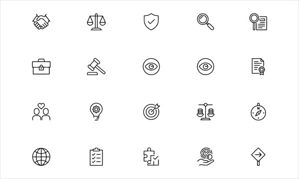 Business ethics vector line icons set with editable stroke. Integrity, corporate governance, compliance, and moral icon bundle.
