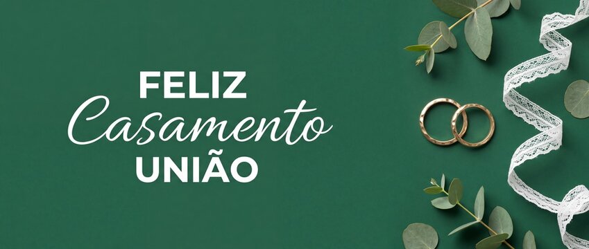 Feliz casamento uniao wedding banner flat lay with gold rings, white lace ribbon, and eucalyptus leaves on green background for Portuguese marriage greeting card typography anniversary celebration.
