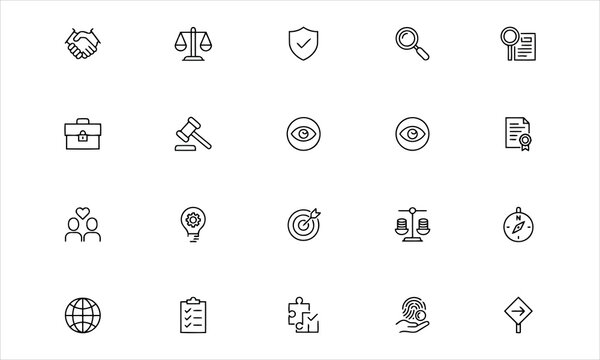 Business ethics vector line icons set with editable stroke. Integrity, corporate governance, compliance, and moral icon bundle.
