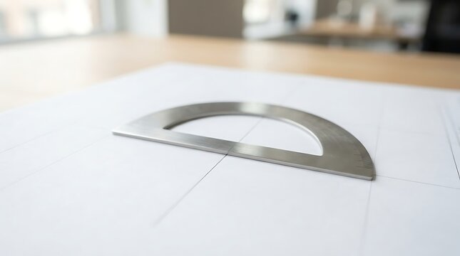 Professional metal protractor on white architectural paper, stainless steel drafting tool for engineering, precision measuring instrument for technical drawing