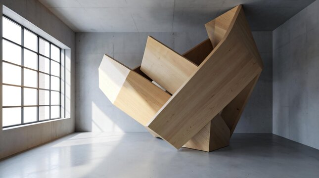 Futuristic Modern Interior Architecture with Sculptural Wooden Structures and Concrete Walls