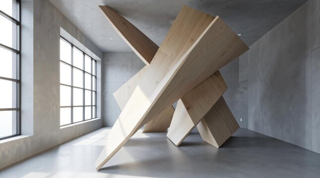 Futuristic Modern Interior Architecture with Sculptural Wooden Structures and Concrete Walls