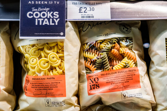Close-Up Of Marks And Spencer Tom Kerridge Cooks Italy Messicani And Tri-Coloured Fusilli Pasta Display