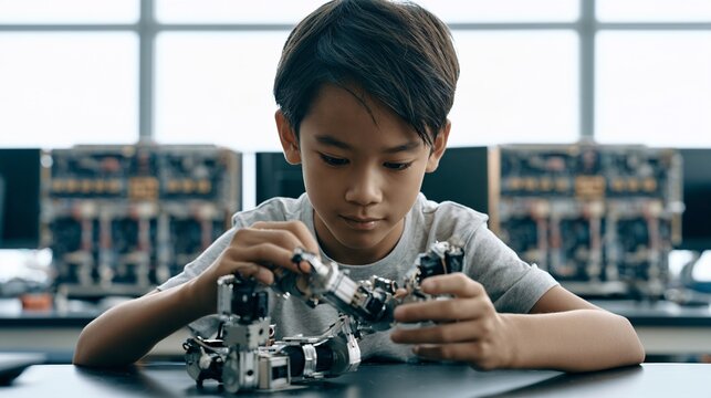 Young student adjusting the joints of a small robotic arm on a lab desk, focused expression
