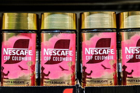  Close-Up Of Nescafe Cap Colombia Premium Instant Coffee Jars On A Supermarket Shelf