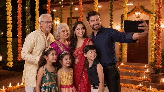Happy multi-generation Indian family taking selfie together during Diwali festival celebration