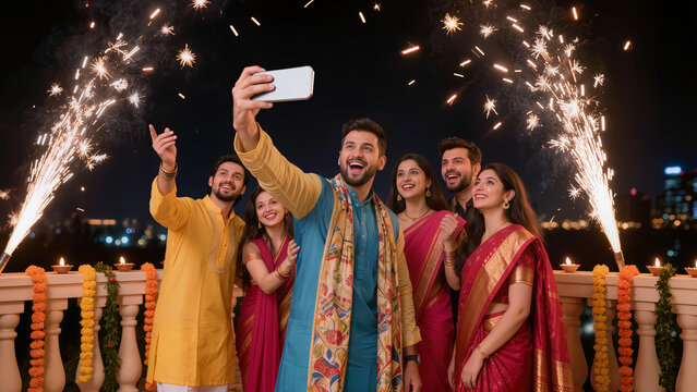 Happy group of young Indian friends taking selfie holding sparklers during Diwali fireworks night