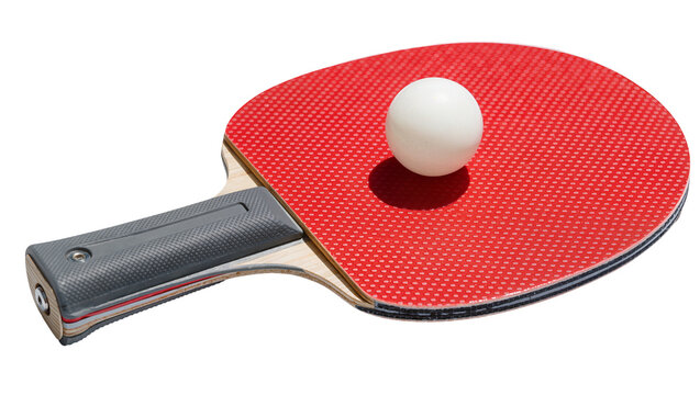 Red ping pong paddle with white ball, isolated on transparent background