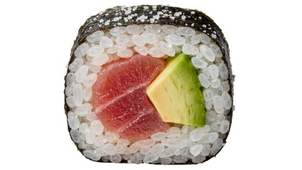 Fresh tuna and avocado sushi roll with nori seaweed, isolated on transparent background © Aliona