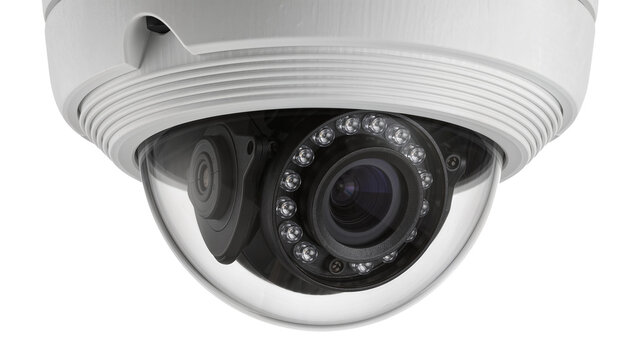 White dome security camera with infrared LEDs, isolated on transparent background