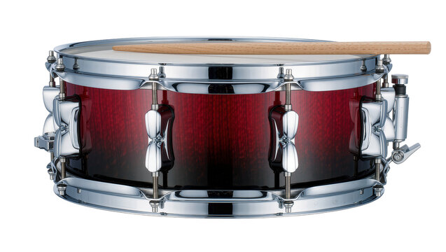 Red and black gradient snare drum with wooden stick, isolated on transparent background