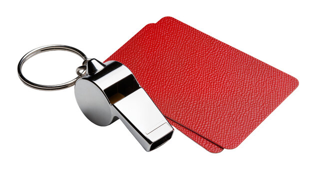 Shiny metal whistle with keyring and red card, isolated on transparent background