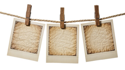 Three vintage instant photo frames with crumpled paper, clipped to rope isolated on transparent background © Aliona