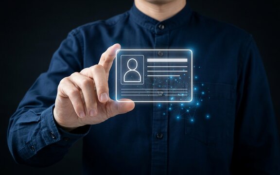Man in dark blue shirt touching a glowing digital id card hologram