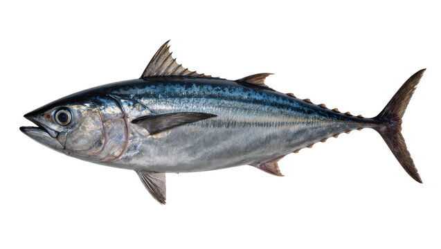 Whole raw bonito fish with blue stripes, isolated on transparent background